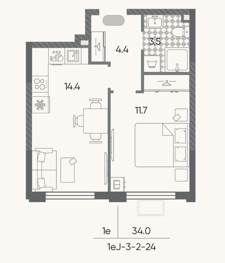 Планировка: 2-к, 34 м²