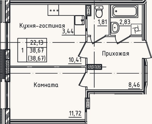 Планировка: 2-к, 38,7 м²