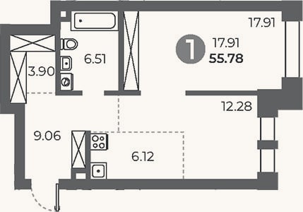 Планировка: 1-к, 55,8 м²