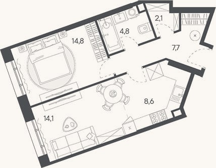 Планировка: 2-к, 52,1 м²