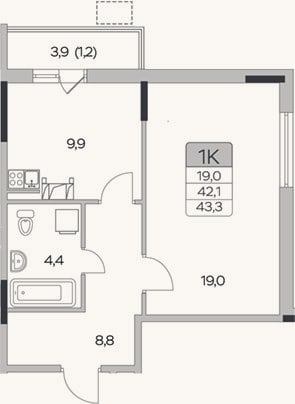 Планировка: 1-к, 42,1 м²
