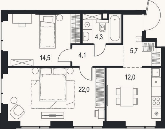 Планировка: 2-к, 62,6 м²