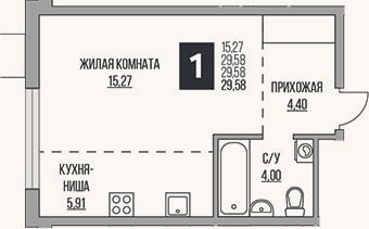 Планировка: Студия, 29,6 м²
