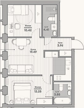 Планировка: 2-к, 54,4 м²