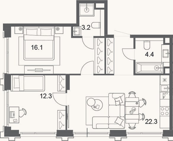 Планировка: 3-к, 62,3 м²