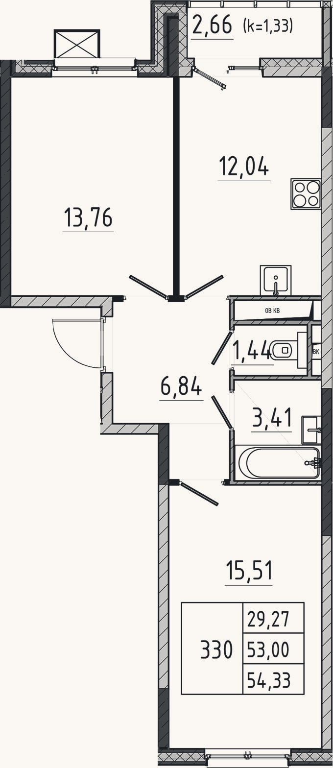 Планировка: 2-к, 53 м²