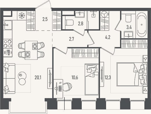 Планировка: 3-к, 58,6 м²