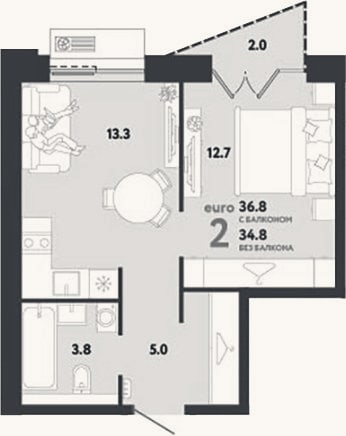 Планировка: 2-к, 34,8 м²