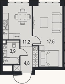 Планировка: 1-к, 37,4 м²