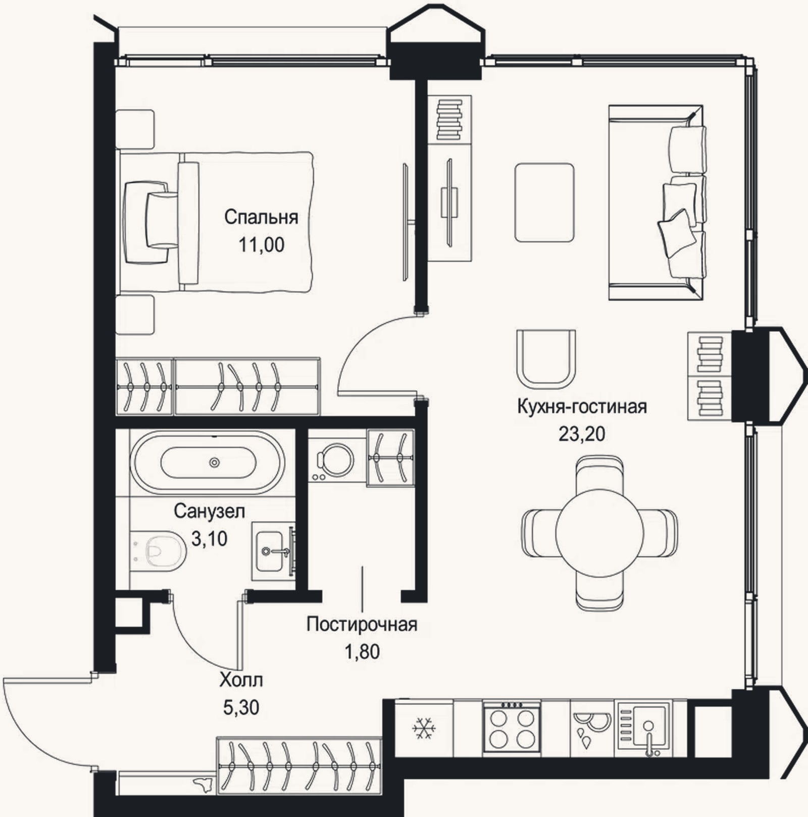 Планировка: 2-к, 44,4 м²