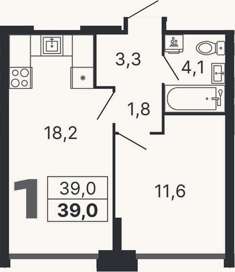 Планировка: 1-к, 39 м²