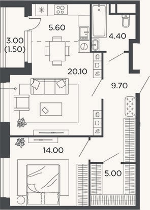 Планировка: 2-к, 58,8 м²
