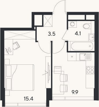 Планировка: 1-к, 32,9 м²