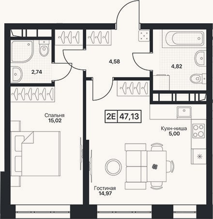 Планировка: 2-к, 47,1 м²