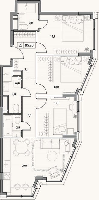 Планировка: 4+ к, 85,2 м²