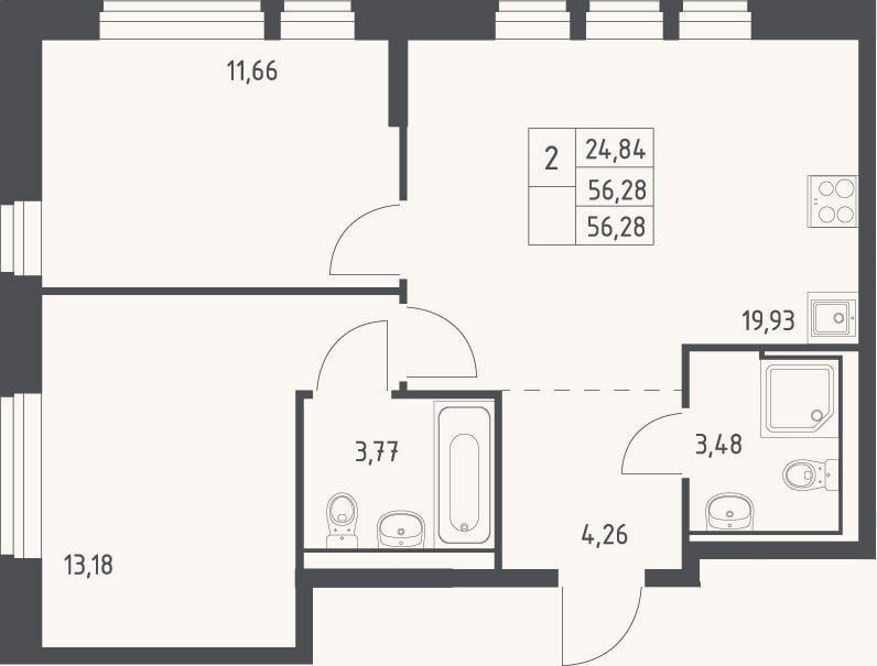 Планировка: 3-к, 56,3 м²