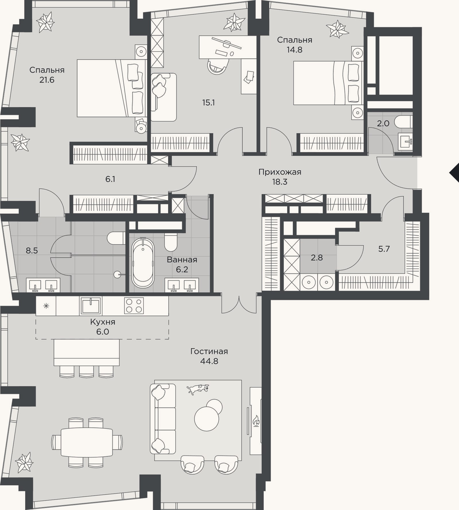 Планировка: 4+ к, 151,7 м²