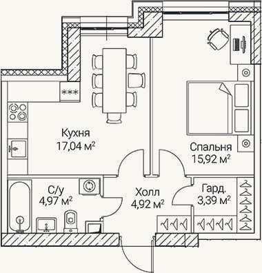 Планировка: 2-к, 46,2 м²