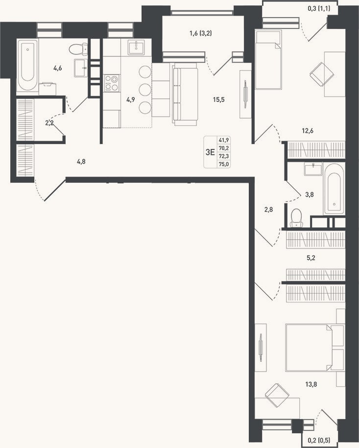 Планировка: 3-к, 74,1 м²