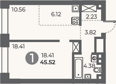 Планировка: 1-к, 45,5 м²