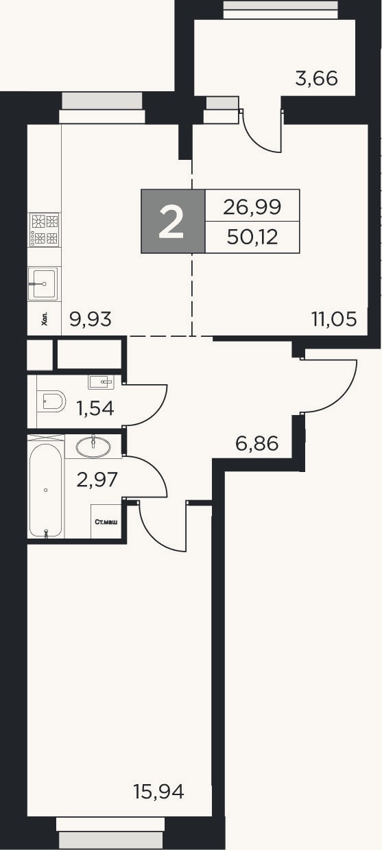 Планировка: 2-к, 48,3 м²