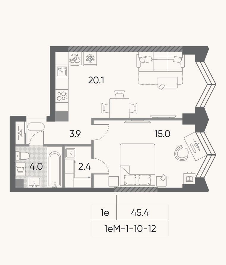 Планировка: 2-к, 45,4 м²