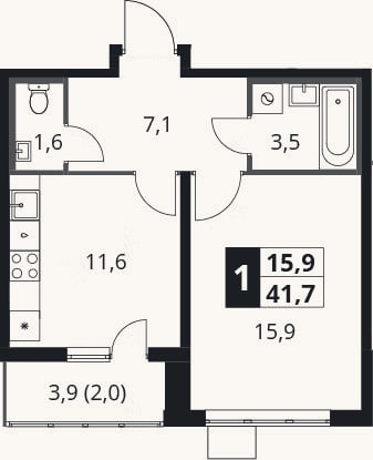 Планировка: 1-к, 39,7 м²