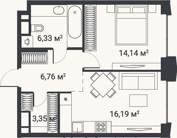 Планировка: 1-к, 46,8 м²