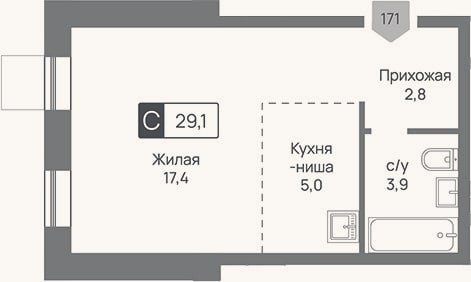 Планировка: Студия, 29,1 м²