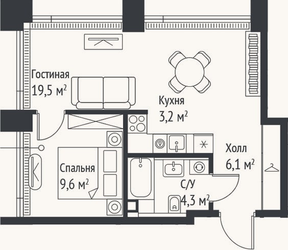 Планировка: 2-к, 42,7 м²