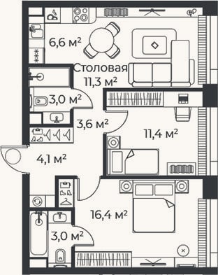 Планировка: 3-к, 59,3 м²