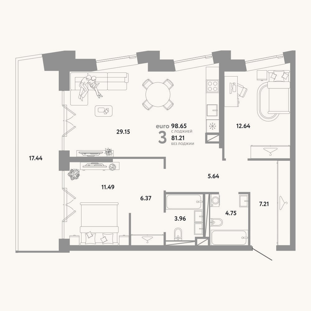 Планировка: 2-к, 81,2 м²