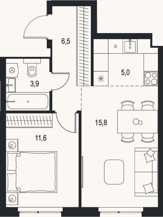Планировка: 2-к, 42,8 м²
