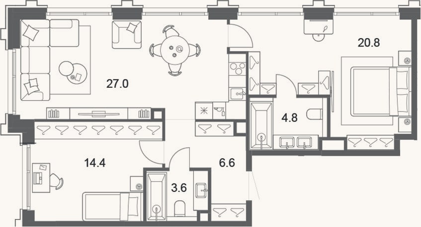 Планировка: 3-к, 77,1 м²