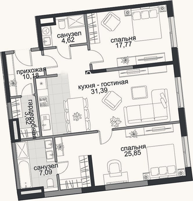 Планировка: 3-к, 100,7 м²