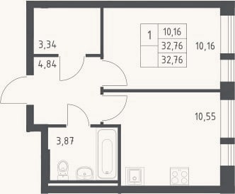 Планировка: 1-к, 32,8 м²
