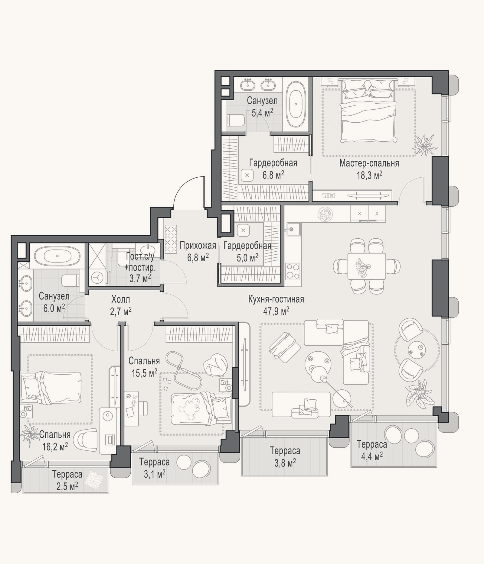 Планировка: 4+ к, 137 м²