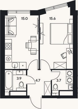Планировка: 1-к, 42,9 м²