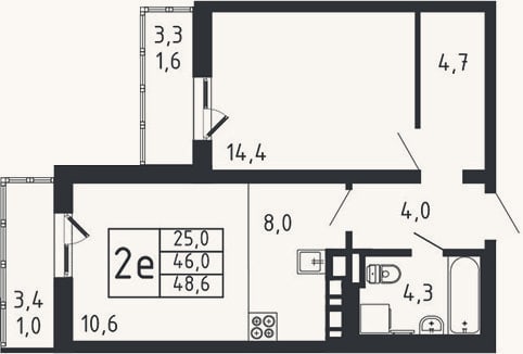 Планировка: 2-к, 46 м²
