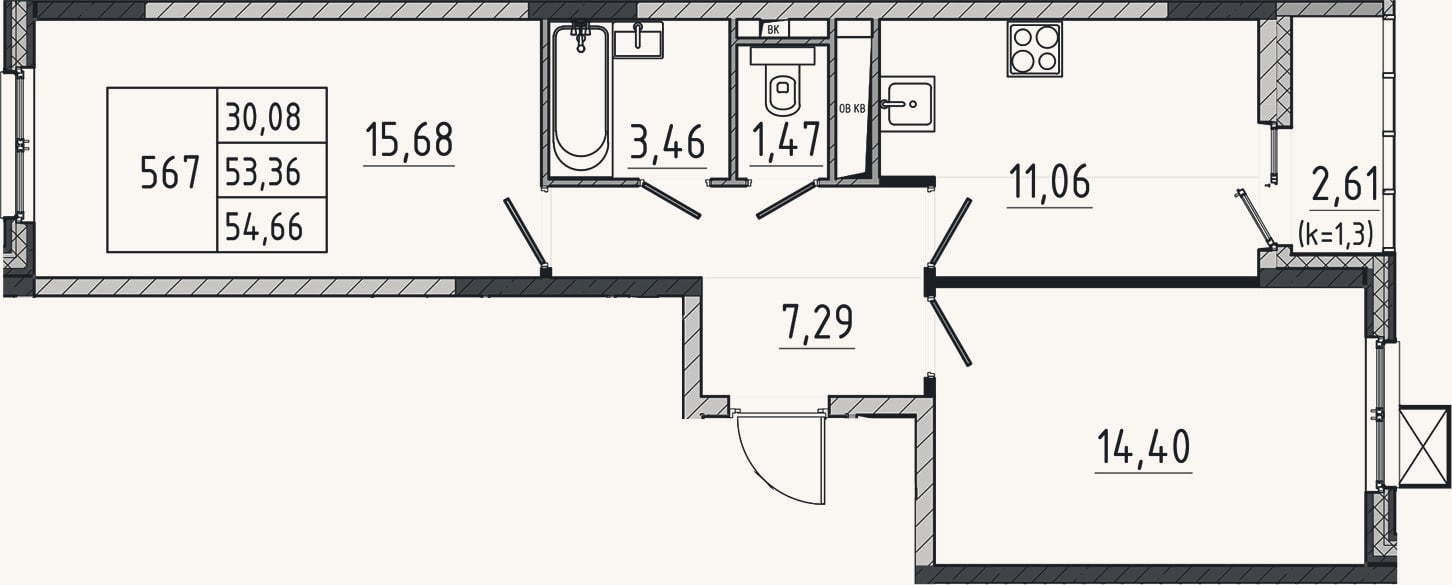 Планировка: 2-к, 53,4 м²
