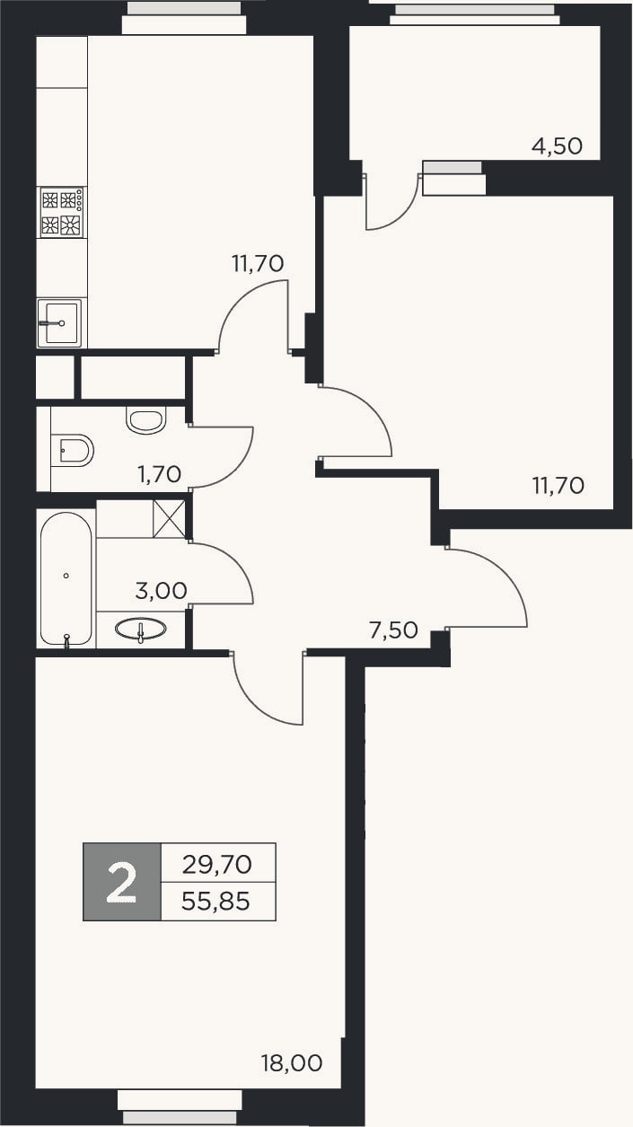 Планировка: 2-к, 53,6 м²
