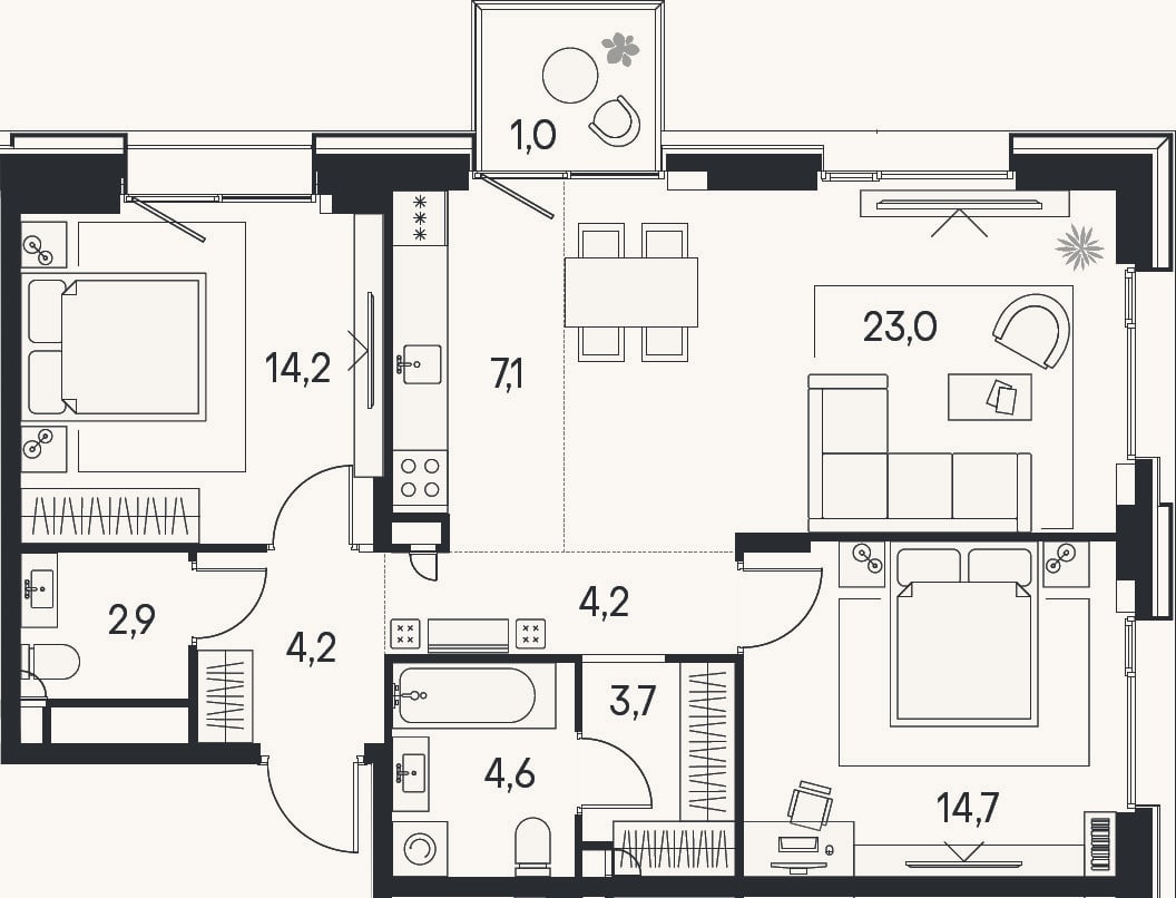 Планировка: 3-к, 78,6 м²