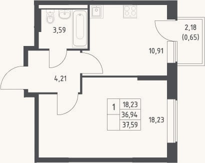 Планировка: 1-к, 36,9 м²