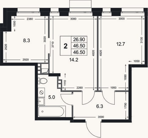 Планировка: 2-к, 46,5 м²