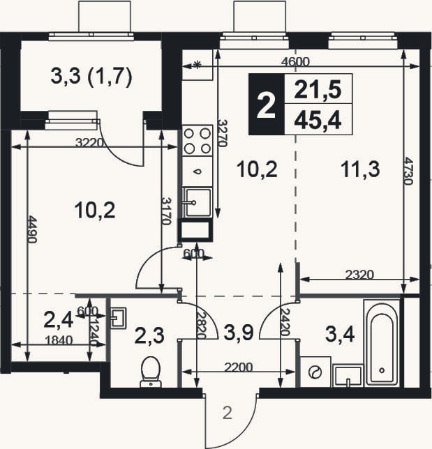 Планировка: 2-к, 43,7 м²