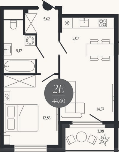 Планировка: 2-к, 43,1 м²