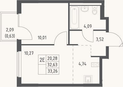 Планировка: 2-к, 32,6 м²