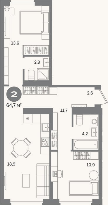 Планировка: 2-к, 64,7 м²