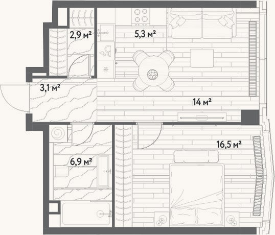 Планировка: 2-к, 48,7 м²