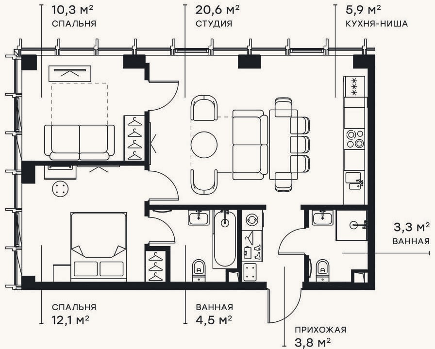 Планировка: 3-к, 60,5 м²
